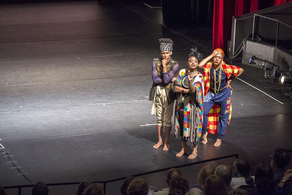 Du'Bois A'Keen, Tendayi Kuumba and Courtney J. Cook, performers in the Urban Bush Women company, list words used to describe black hair in the "Hair &amp; Other Stories" show in Stewart Theatre on Friday. The mission of the Urban Bush Women is to "bring the untold and under-told histories and stories of disenfranchised people to light through dance."