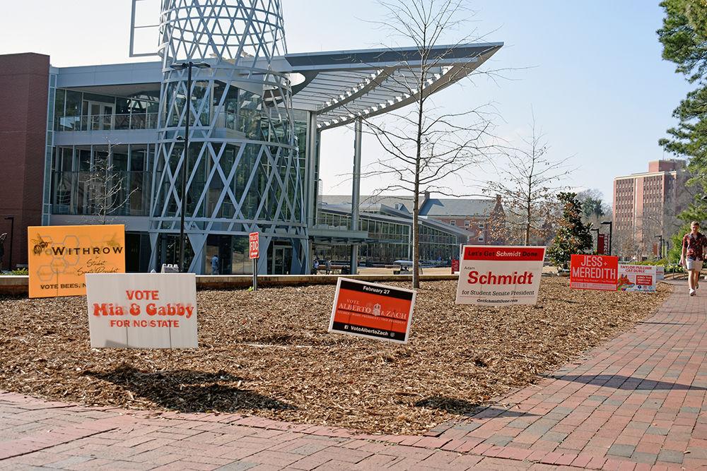 NC State students running for student body president, vice president and Student Senate president placed signs outside of Talley Student Union. Voting opens on Monday at 8 p.m. and closes Tuesday at 8 p.m.
