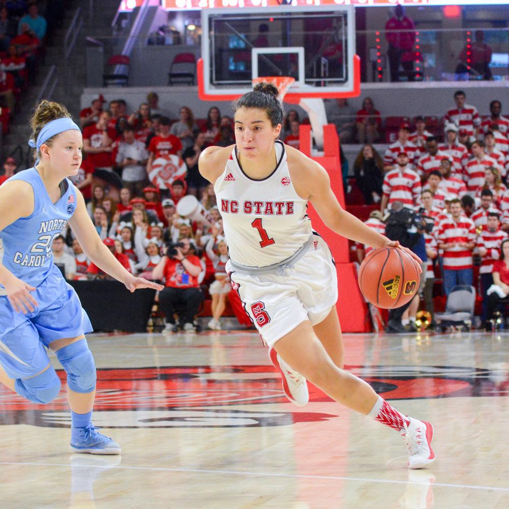 Sophomore guard Aislinn Konig drives to the basket against UNC-Chapel Hill on Feb. 11 at Reynolds Coliseum. Konig scored a team-high 18 points, leading the team to a 73-54 victory. The win pushed the Wolfpack to 20-6 overall and 9-4 in the ACC.
