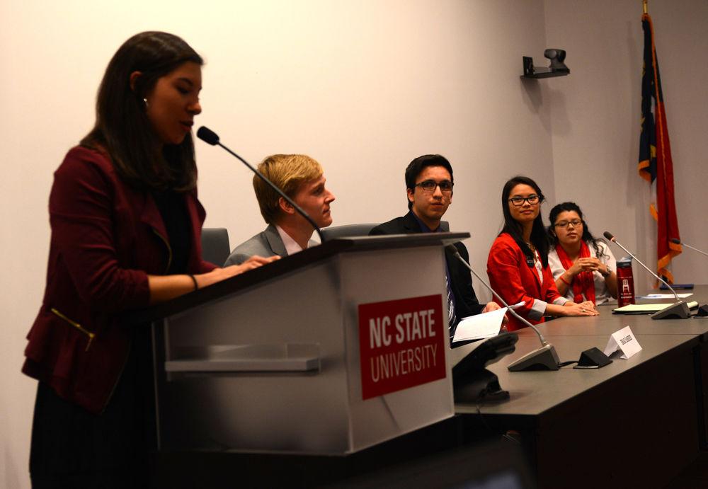 Presidential candidates Brad Barbee, Alberto Quiroga, Meredith Biechele, and Jackie Gonzalez are introduced during the Student Government debate on Feb. 21, 2017 in the Student Senate Chamber in Talley Student Union. The debate allowed candidates for Student Body President, Vice President, and Chief Justice to answer questions and speak about their campaigns.