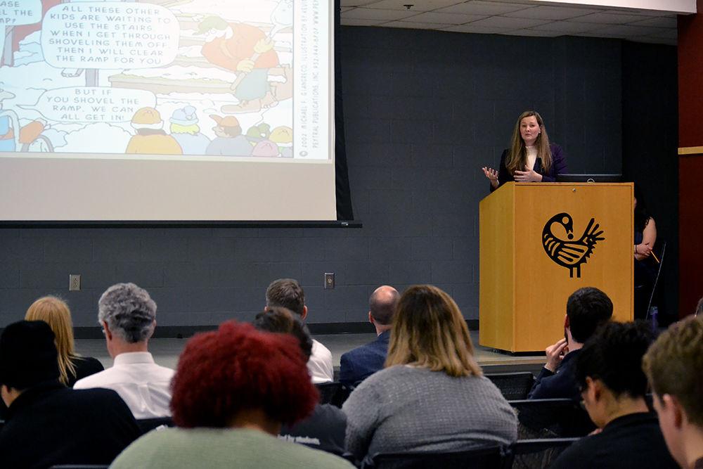 Crystal Tenan, NC State&#8217;s IT accessibility coordinator in the Office of Information Technology, talks about making courses and websites on campus more accessible to students with disabilities during the Accessibility Town Hall in Witherspoon Student Center on Wednesday. Tenan points out that making the campus more accessible helps able-bodied people as well people with disabilities.