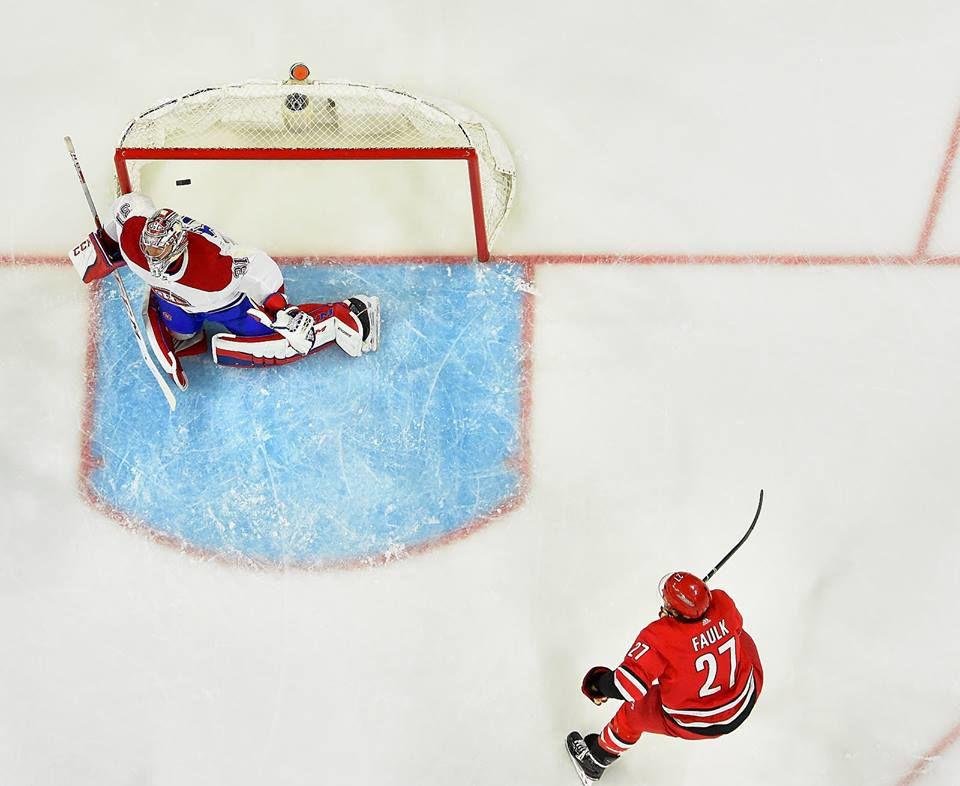 Canadiens goalie Carey Price lets in a shot from Hurricanes Brett Pesce in the second period at PNC Arena on Thursday February 1 for a 2-1 Hurricanes victory.