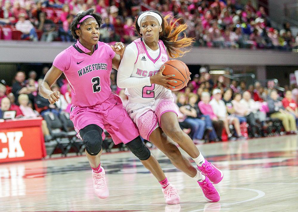 Redshirt sophomore Kaila Ealey drives toward the interior during the 74-61 win of the Play4Kay game on Feb. 18 in Reynolds Coliseum.
