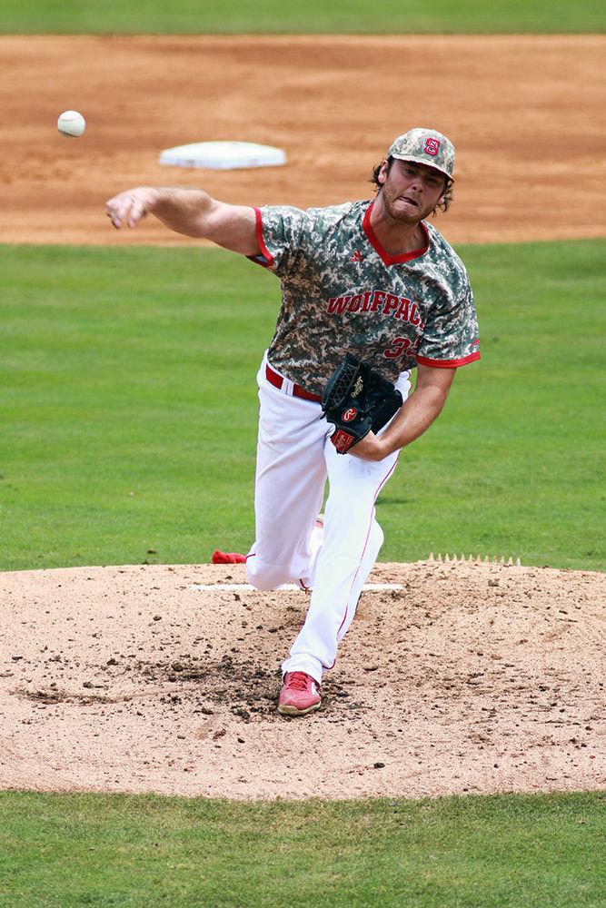 Redshirt junior pitcher Johnny Piedmonte hurls the ball towards home plate in the Wolfpack's third game of the NCAA Raleigh Regional on June 5, 2016. Piedmonte pitched a career high 8.2 innings allowing just six hits and one run in the 17-1 win at Doak Field.