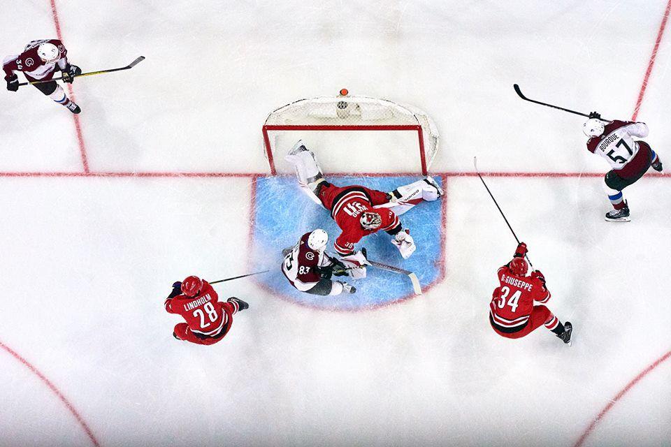 Hurricanes goalie Cam Ward battles Avalanche left wing Matt Nieto late in the first period at PNC Arena on Saturday February 10 during a 3-1 Canes victory. Ward stopped 29 shots in the win.