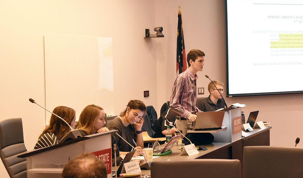 Student Senate President Mitchell Moravec announces the resignation of former member Mikey Ibrahim from the Poole College of Management. The resignation was approved on Wednesday at the regular weekly senate meeting in the Senate Chambers.