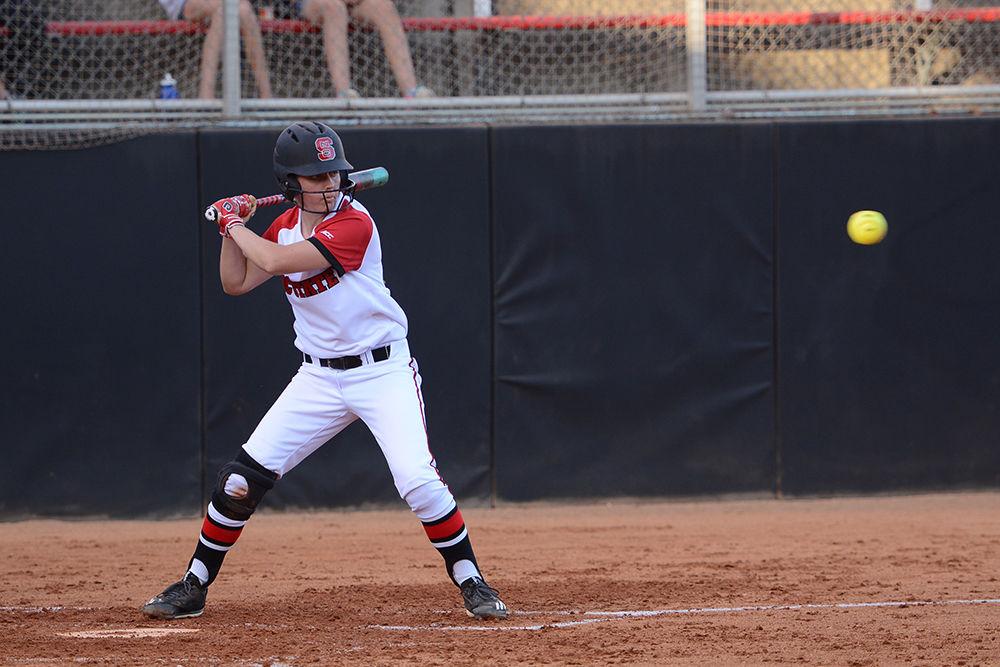 Freshman infielder Chandley Garner gauges an ECU Pirates pitch during game one of the double header in Dail Softball Stadium. The Wolfpack would win the first game 8-1 before tying the second 3-3 on Friday, Oct 6.