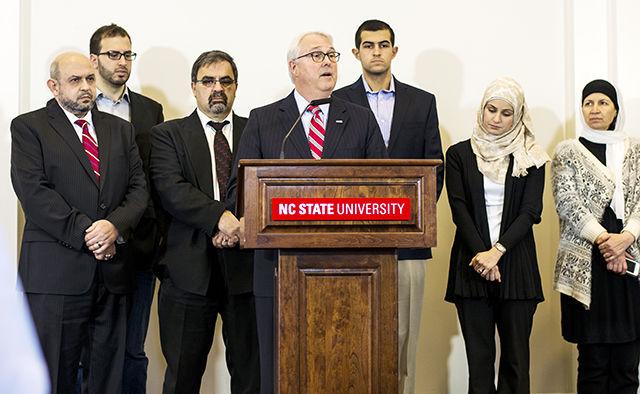 Surrounded by the family members of slain students Deah Barakat, Yusor Mohammad Abu-Salha, and Razan Mohammad Abu-Salha, Chancellor Randy Woodson announces the University's establishment of the "Our Three Winners" scholarship endowment fund Friday morning, Feb. 20, 2015 at the Roy H. Park Alumni Center. The endowment will provide annual financial support to NC State students studying in the Poole College of Management, College of Sciences, and College of Design.