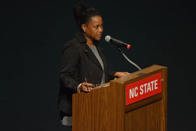 Linda Smith, the vice provost for Institutional Equity and Diversity, addresses Town Hall attendees. Smith said, "The agenda for this Town Hall was made before the recent incidents". An estimated 160 people were in attendance at the Racial Climate Town Hall in Stewart Theater on Thursday afternoon. The event was hosted by NC State Student Government.&#160;