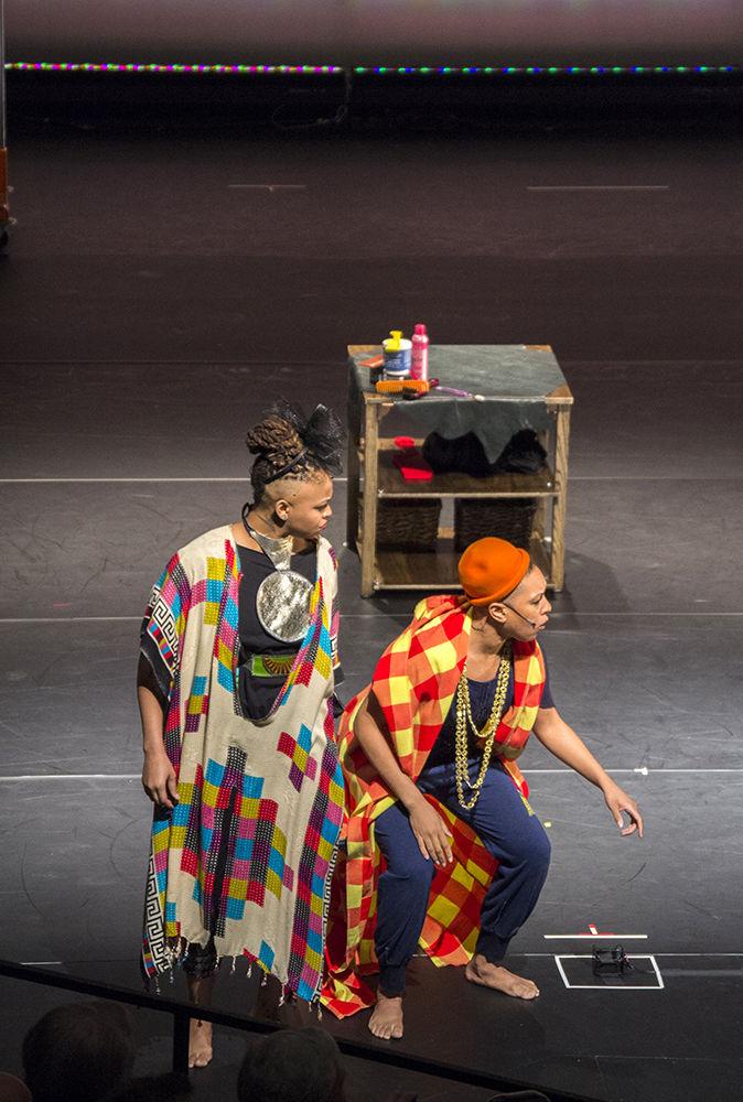 Tendayi Kuumba and Courtney J. Cook, performers in the Urban Bush Women company, began the "Hair &amp; Other Stories" show singing and dancing on stage in Stewart Theatre on Friday. The mission of the Urban Bush Women is to "bring the untold and under-told histories and stories of disenfranchised people to light through dance."