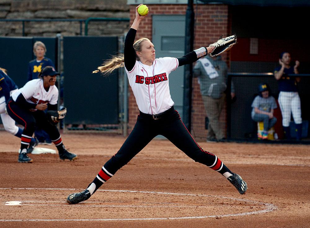 Pitcher Brittany Nimmo winds up a pitch at the game against Michigan on Friday, Feb. 17 at Dail Softball Stadium. Nimmo pitched for 1.2 innings. NC State lost to Michigan 12-0.