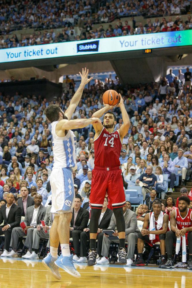 Sophomore center Omer Yurtseven shoots a long jumper during the 95-91 overtime thriller over UNC in the Smith Center on Saturday, Jan. 27.