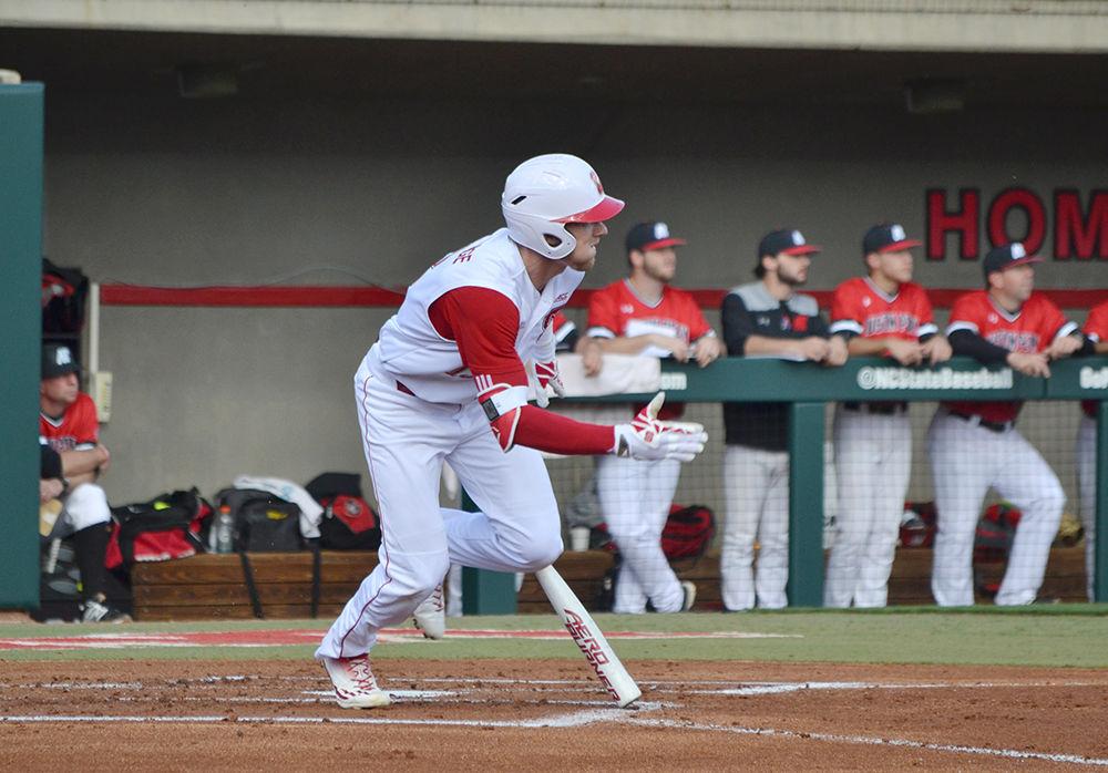 Brock Deatherage, a junior outfielder, makes a dash toward first base on Feb. 24 in Doak Field. The NC State Wolfpack beat the Austin Peay Governors 9-3, winning its first home game of the season.