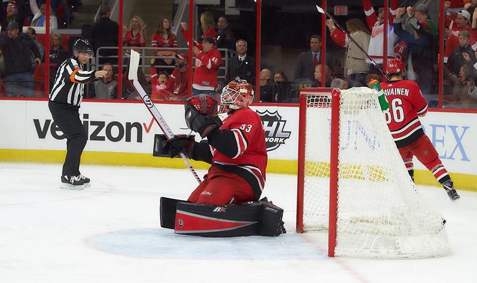 Hurricanes goalie Scott Darling throws his hands up in a moment of frustration after Red Wings Center Daren helm scores the fourth goal late in the third period at PNC arena on Friday February 2 for a 4-1 Hurricanes loss.