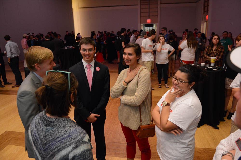 Student Government presidential runoff candidates Brad Barbee and Jackie Gonzalez stand next to their respective running mates, Jack Pashby and Mia Connell, as the rules of the runoff election are discussed with them at the 2017 election results announcement in Talley Student Union on Tuesday. Neither candidate received enough votes to win the election, so a runoff vote will be held between Gonzlez and Barbee, and the winner of that race will be announced Thursday.