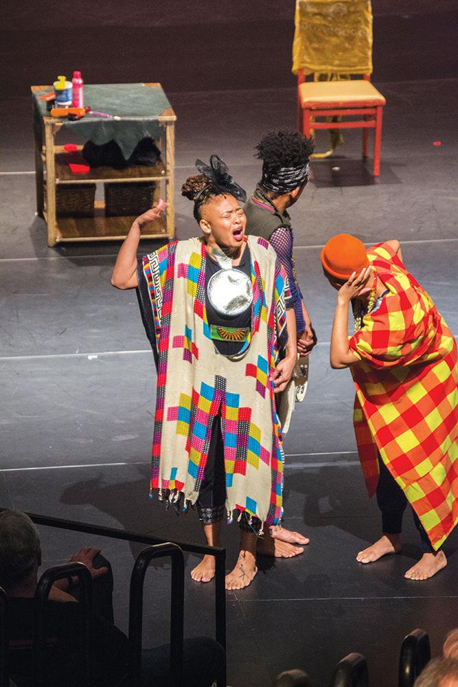 Tendayi Kuumba, Du'Bois A'Keen and Courtney J. Cook, performers in the Urban Bush Women company, listed words describing Black hair in the "Hair &amp; Other Stories" show in Stewart Theatre on Friday. The mission of the Urban Bush Women is to "bring the untold and under-told histories and stories of disenfranchised people to light through dance."
