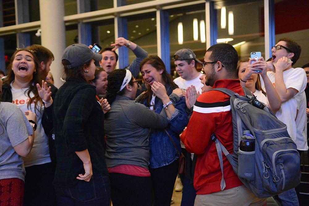 Jackie Gonzalez, a junior studying political science, and her running mate Mia Connell, a sophomore studying sociology, embrace after the results of the presidential runoff were announced in Talley Student Union on March 2. Gonzalez and Connell won the runoff with 64.64% of the vote.