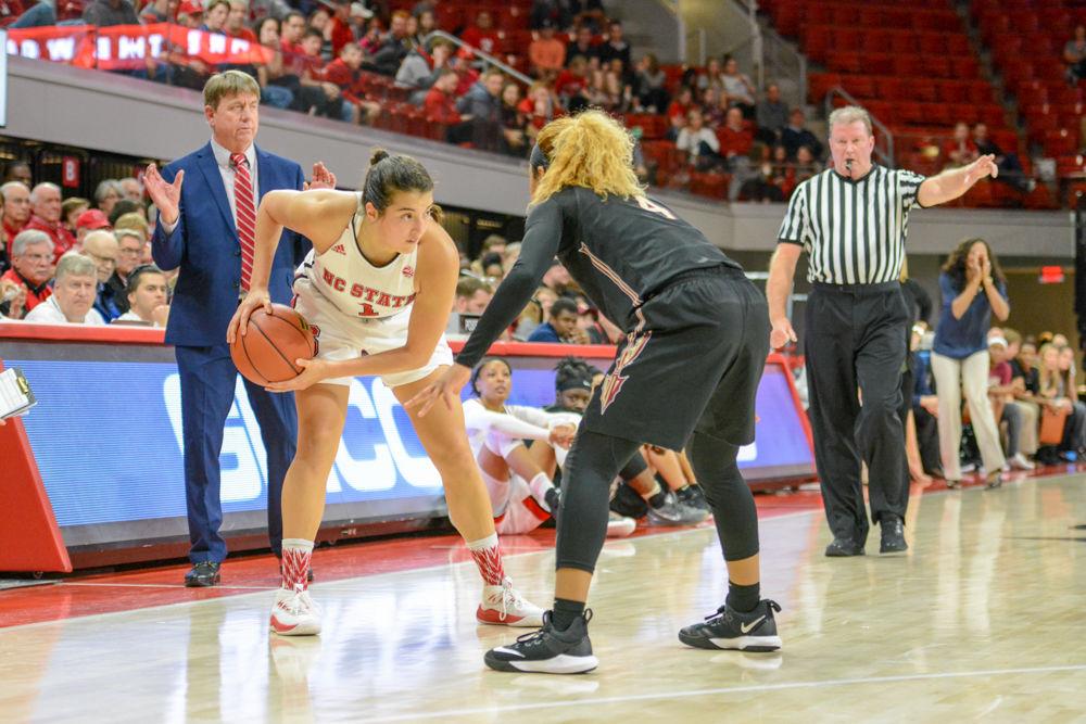 Sophomore guard, Aislinn Konig looks for an open pass around a Seminoles defender. The Wolfpack defeated the Seminoles by a score of 65-56 at Reynolds Coliseum on Thursday, Feb. 1. The Wolfpack are now fourth in the ACC with a record of 18-5.