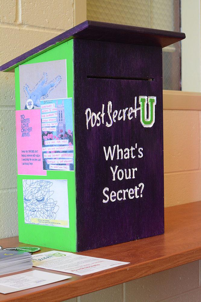 On the third floor of Witherspoon Student Center on Friday, Feb. 23, 2018, a Post Secret U box sits on display. Carol Fountain Nix, the director of the Craft Center, brought Post Secret U to NC State because she wanted to engage students on campus. Founded by Frank Warren in 2004, Post Secret is a system in which people can anonymously express their inner thoughts on blank post cards.