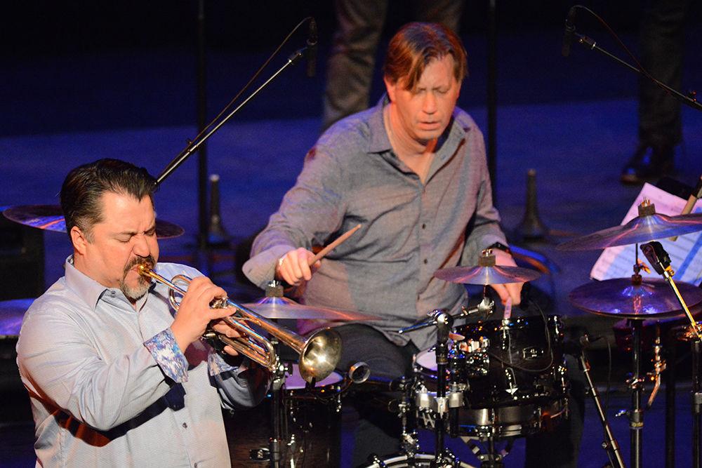 Members of The Birdland All-Stars Mike Olmos on trumpet and Tommy Igoe on the drums perform in Stewart Theatre on Saturday. The Birdland All-Stars are a jazz group comprised of ten of the finest musicians in New York.