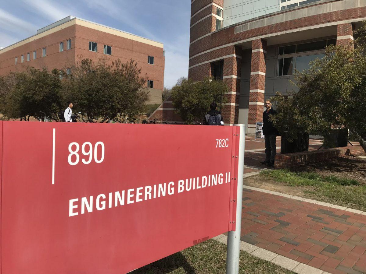 Engineering Building II from Partners Way. University Police responded to a suspicious package inside the building, which was determined to not be explosive or of any concern.&#160;