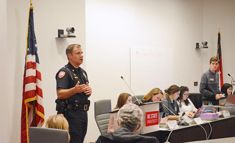 Major Ian Kendrick of NCSU campus police speaks during the Student Senate meeting on Wednesday at Talley Student Union. Kendrick spoke to the senate about student safety on campus and answered senator questions regarding services that campus police provides.