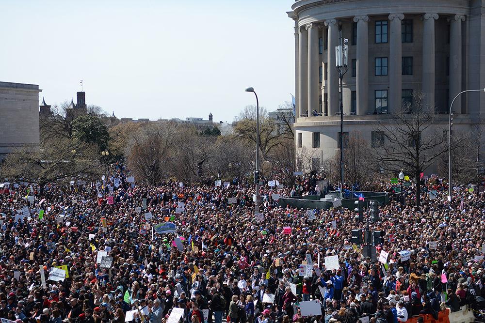 Attendees lined up in front of the U.S. Capitol for the March for Our Lives event on March 24, 2018. Speakers, most of whom were victims of gun violence, told their stories to a crowd on stage and on large screens.