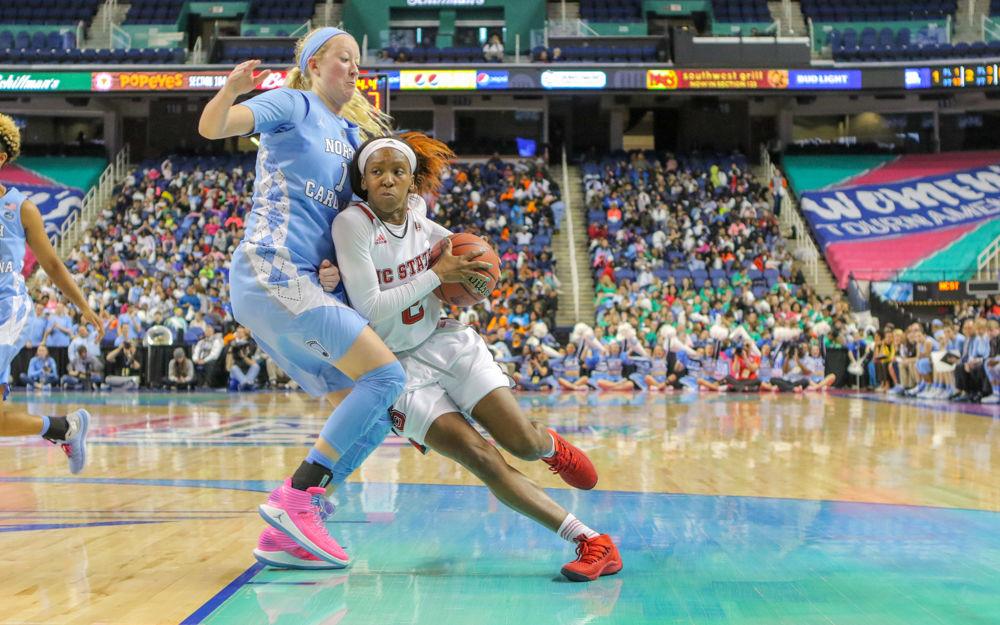 Redshirt sophomore guard Kaila Ealey agressively drives to the paint during the 77-64 win over UNC-CH in the Greensboro Coliseum on Thursday, March 1 to head to the quarter finals of the ACC tournament.