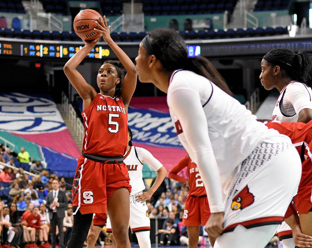 Senior forward Chelsea Nelson shoots a free throw at the ACC women's basketball tournament semifinal against Louisville in Greensboro Coliseum on March 3. The Wolfpack lost to the Cardinals with a final score of 64-59.