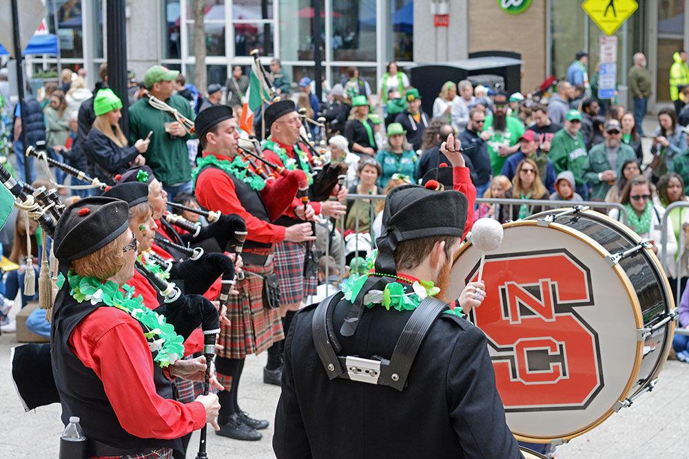 After the Raleigh St. Patrick's Day Parade, the NC State Pipes and Drums band plays music during the Wearin' O' the Green Festival on Saturday. The parade and festival took place from 10 a.m. to 5 p.m. on Fayetteville St. in downtown Raleigh.