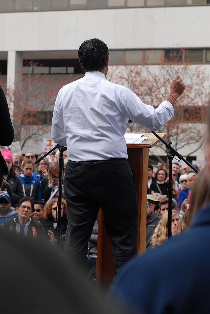 Jay Chaudhuri, senator for North Carolina's sixteenth district, adresses protesters at the "March for Our Lives" in downtown Raleigh on Saturday, March. 24, 2017. The protest called for "common sense gun reform" in the wake of the multitude of mass shootings that have taken place in the United States school system.