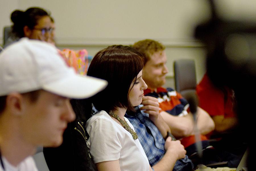 In the Student Governance Chamber on Wednesday, Student Body Vice President Meredith Spence-Beaulieu listens to Senator Danny Maher give a ten minute defense on why he should not be expelled on the last meeting of the 97th session for accruing absences. During his defense, Maher spoke negatively about how Student Senate handled the bill for the Pack Bleeds Red program and the 2018 runoff election. Specifically, Maher stated that candidate Zachary Lewis should not have been called racist and offense should not have been taken when the marital statuses of Errico and Spence-Beaulieu were used to question their fitness for office.