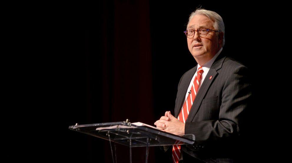 Chancellor Randy Woodson delivers his annual address to a crowd of faculty, staff, alumni and students on Friday.&#160;Woodson is the 14th Chancellor of NC State University, having served since April 1, 2010. He was previously an executive vice president at Purdue University in Indiana and holds graduate degrees in plant physiology from Cornell University and a BS in horticulture from the University of Arkansas.