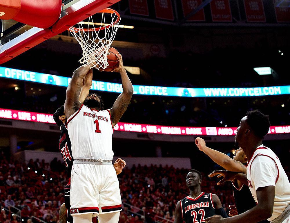 Redshirt senior forward Lennard Freeman attempts a dunk early in the first half against Louisville at PNC Arena on Saturday, March 3 for a 76-69 Wolfpack Victory. This was the last home game of the season. State will be back in action in Brooklyn on Wednesday for the ACC Tournament.&#160;&#160;