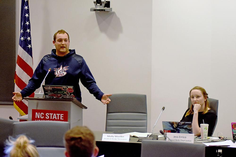 In the Student Governance Chamber on Wednesday, Student Body President Jess Errico listens to Senator Danny Maher give a ten minute defense on why he should not be expelled on the last meeting of the 97th session for accruing absences. During his defense, Maher spoke negatively about how Student Senate handled the bill for the Pack Bleeds Red program and the 2018 runoff election.&#160;Specifically, Maher stated that candidate Zachary Lewis should not have been called racist and offense should not have been taken when the marital statuses of Errico and Spence-Beaulieu were used to question their fitness for office.