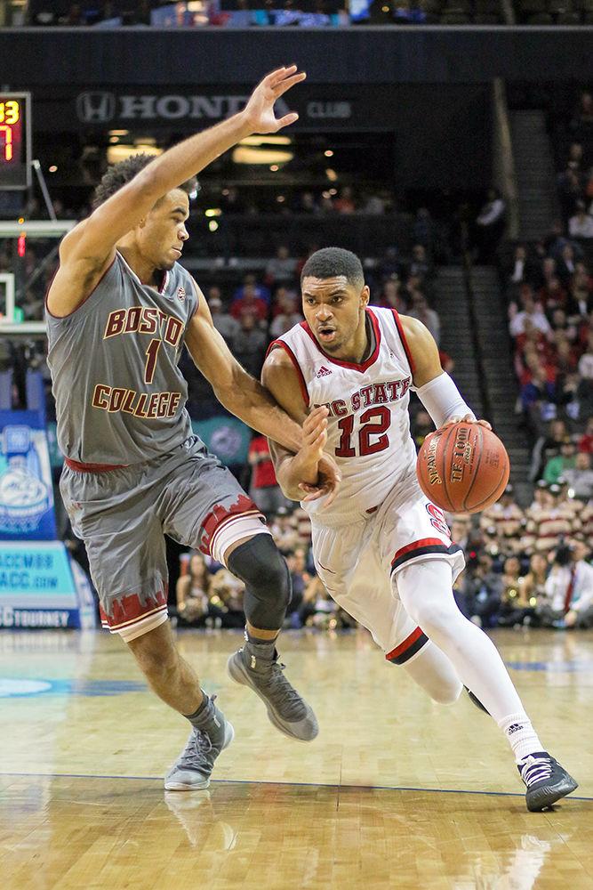 Graduate guard Allerik Freeman drives toward the interior past the Boston College defense. The Pack was unable to pull the off the comeback after the lackadaisical first half to fall 91-87 to Boston College on March 7 in Barclays Center in Brooklyn, New York.