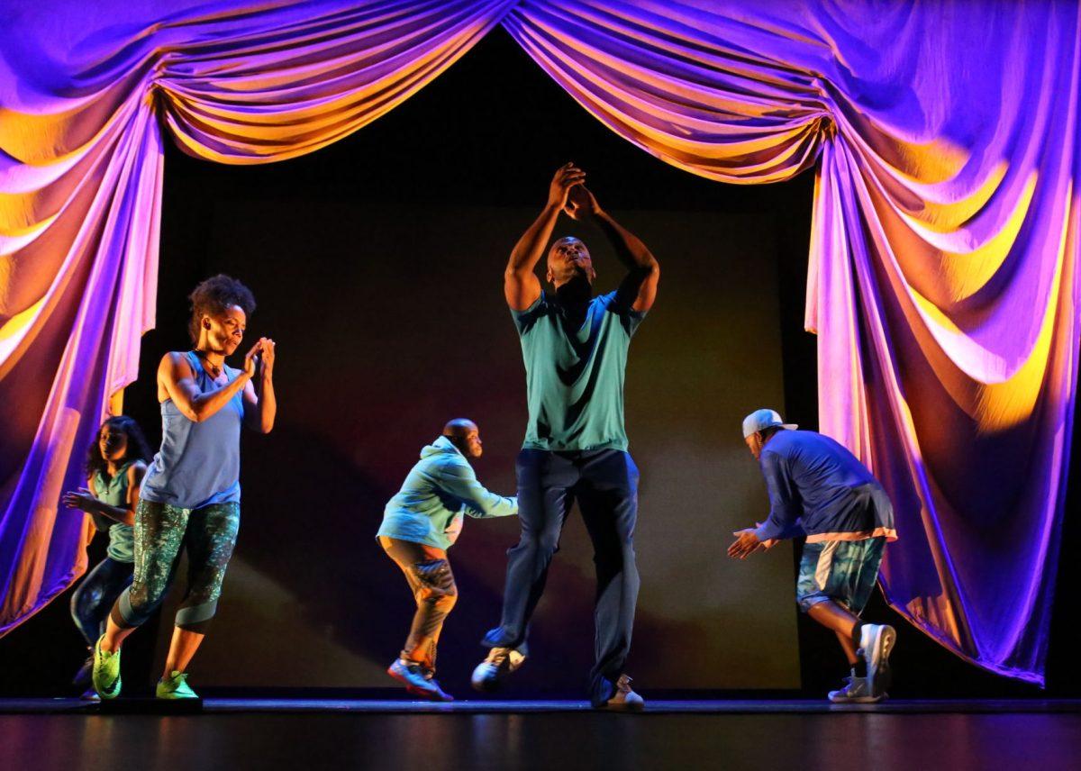 Members of The Living World Project tackle social issues through dance, poetry and soccer in Stewart Theatre on March, 28, 2018.