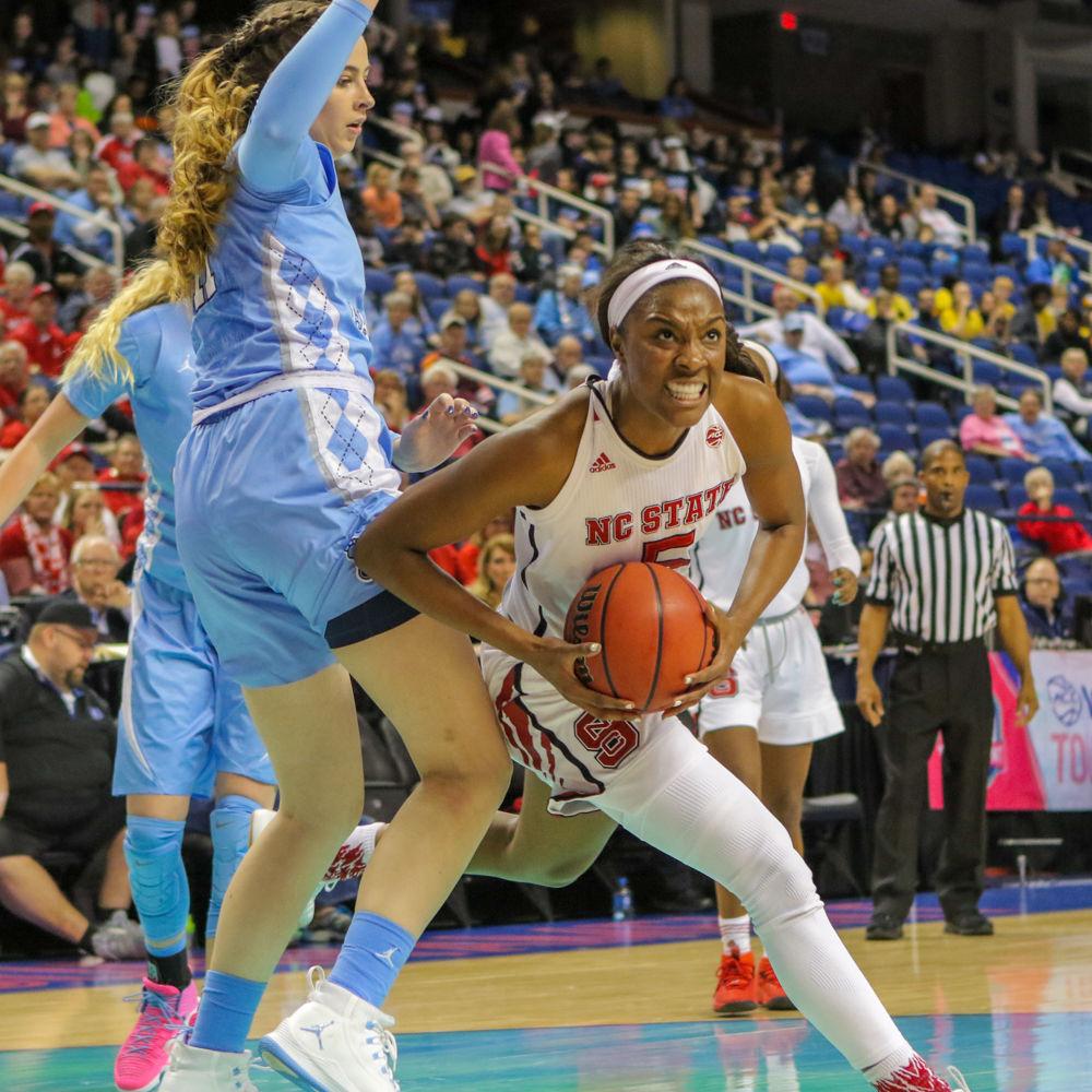 Senior forward Chelsea Nelson gets around the defender during the 77-64 win over UNC-CH in the Greensboro Coliseum on Thursday, March 1 to head to the quarter finals of the ACC tournament.