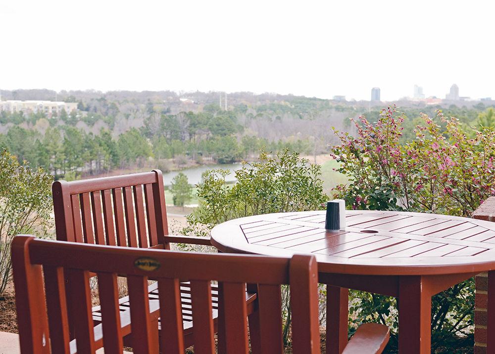 The veranda outside of Terrace Dining Room offers a sheltered area for outdoor eating with a view of the Raleigh skyline. Terrace Dining Room is a fine-dining eatery located on Centennial Campus on the same grounds as Lonnie Poole Golf Course. The dining room accepts Dining Dollars and AllCampus funds from students.
