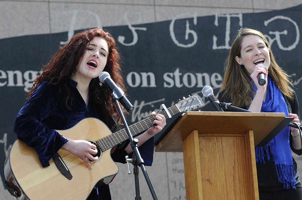 Frances and Elanor Mehlenbacher perform in front of the crowd of protesters at the "March for Our Lives" in downtown Raleigh on Saturday, March. 24, 2017. The protest called for "common sense gun reform" in the wake of the multitude of mass shootings that have taken place in the United States school system.