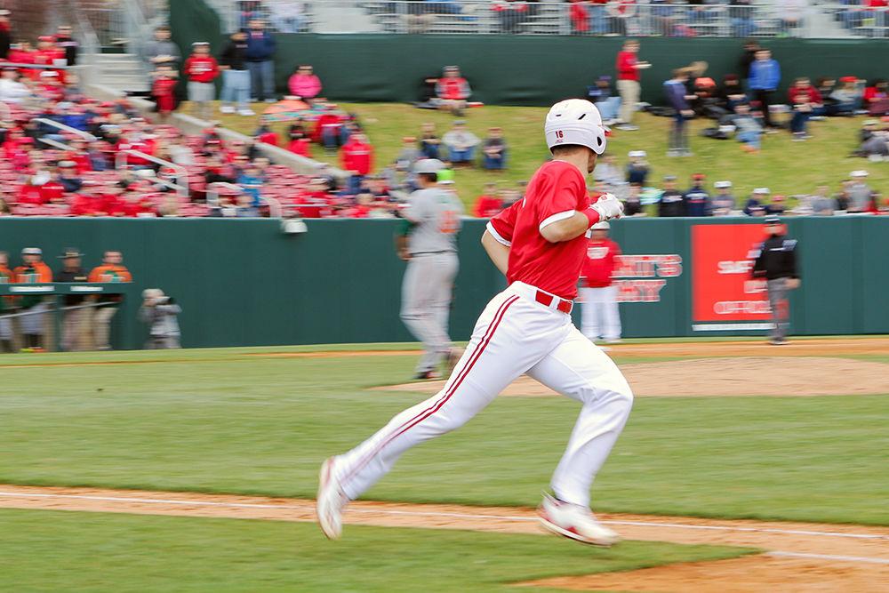 Junior first baseman Shane Shepard makes a run to first base during the 7-5 loss to Miami on March 19, 2017 on Doak Field.