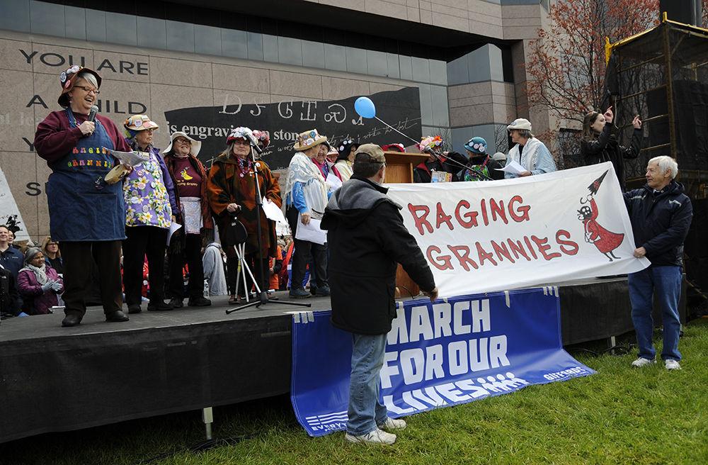 The "Raging Grannies" perform their songs and chants of protest at the "March for Our Lives" in downtown Raleigh on Saturday, Mar. 24. The Raging Grannies are an organization that advocates for reform of numerous moral and societal issues. As chanted by the group themselves "we are here to protest, we're not here to entertain".