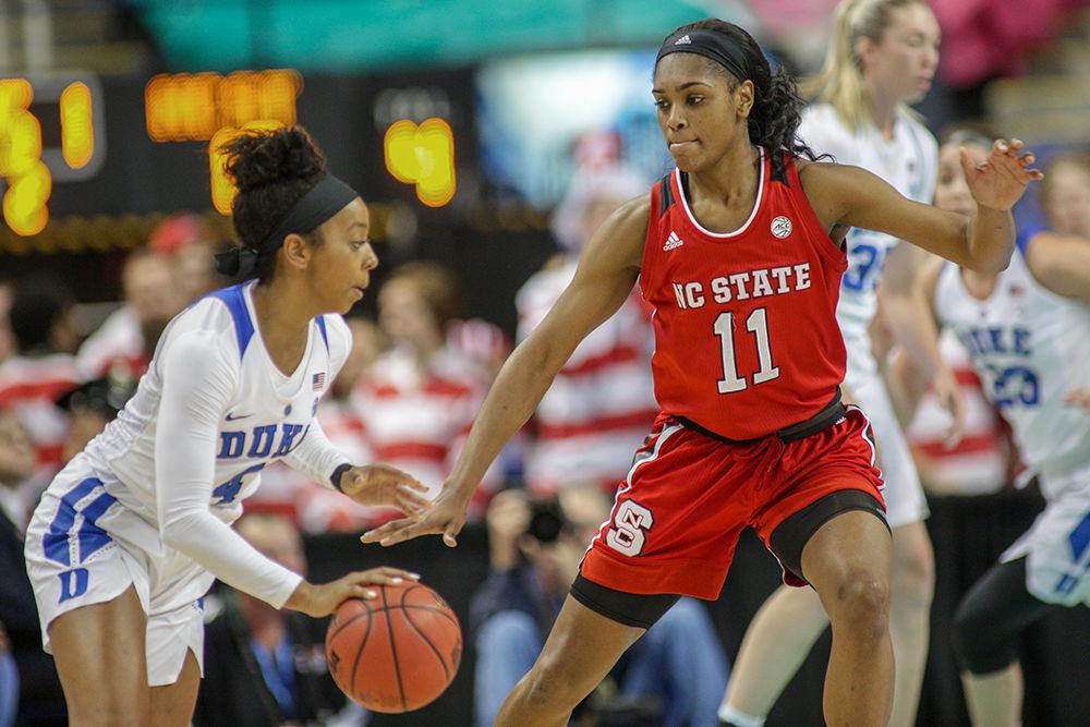 Redshirt junior guard Kiara Leslie holds Duke to the perimeter during the 51-45 win over No. 18 Duke on Friday, March 2 in Greensboro Coliseum.