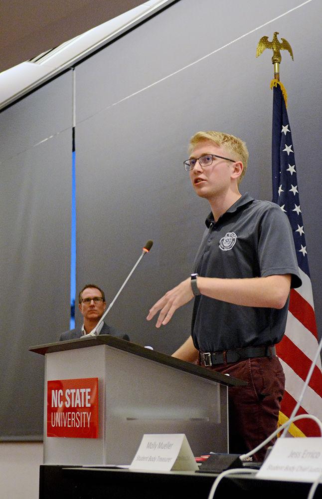 Student Senate President Pro Tempore Adam Schmidt speaks during the Senate meeting on Wednesday at Talley Student Union. The meeting addressed topics such as the Carmichael Gymnasium renovations, 2-Factor Authentication and a discussion on student safety led by NC State Police Major Ian Kendrick.