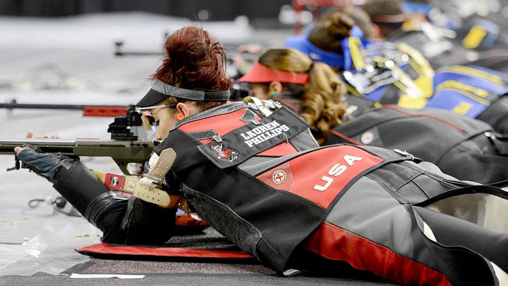 Lauren Phillips, a graduate shooter, concentrates while in the prone position during the rifle match against North Georgia University on Nov. 19, 2017 in Reynolds Coliseum. Phillips contributed 584 points during smallbore and 595 points during air rifle to the Wolfpack's aggregate score of 4650 for a win against North Georgia.