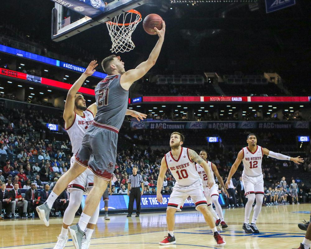 Boston College's Nik Popovic goes up for a reverse layup after blowing by the Wolfpack defense. The Pack was unable to pull the off the comeback after the lackadaisical first half to fall 91-87 to Boston College on Wednesday, March 7 in Barclays Center in Brooklyn, NY.