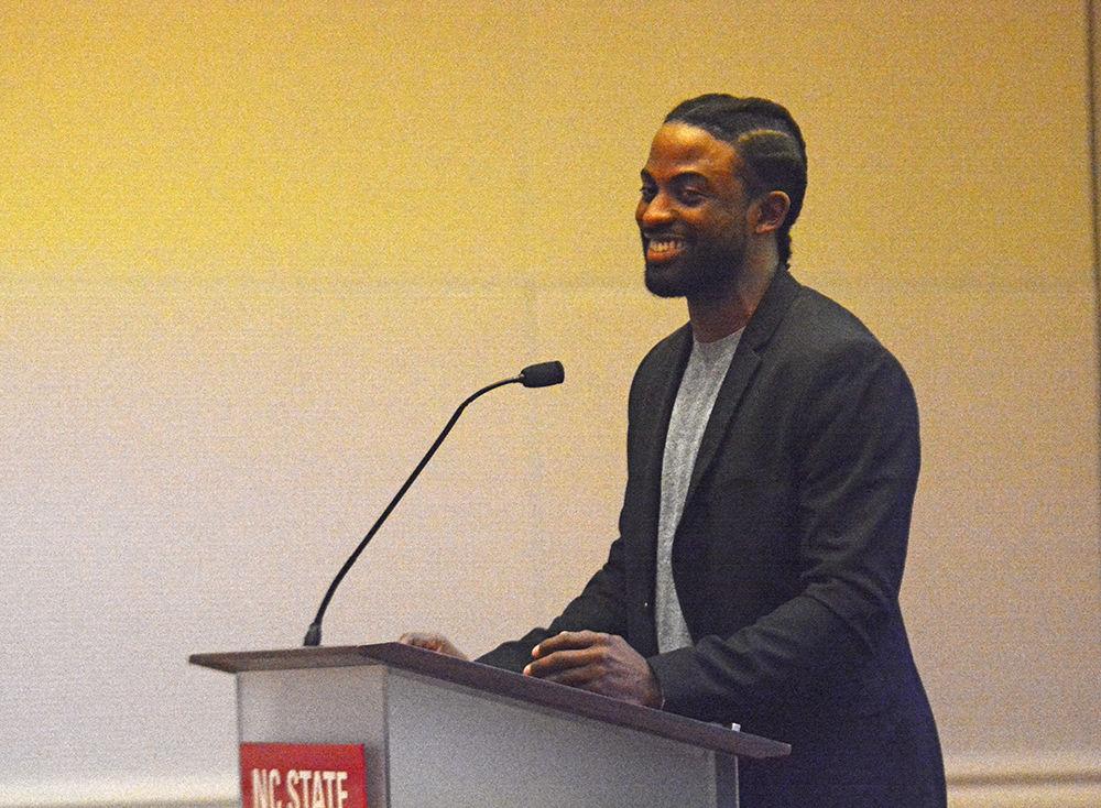 Sherrill Roland who was wrongfully convicted of a crime, talks about his experience in the presentation, the Jumpsuit Project, in Talley Student Union on Thursday. Roland wore an orange jumpsuit around in public for a year to try to bring attention to the problems facing those trapped in our criminal justice system.