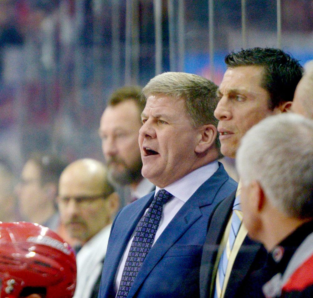 Hurricanes head coach Bill Peters yells from the bench during the Canes' 2-1 victory over the Edmonton Oilers on Feb. 3 in PNC Arena.
