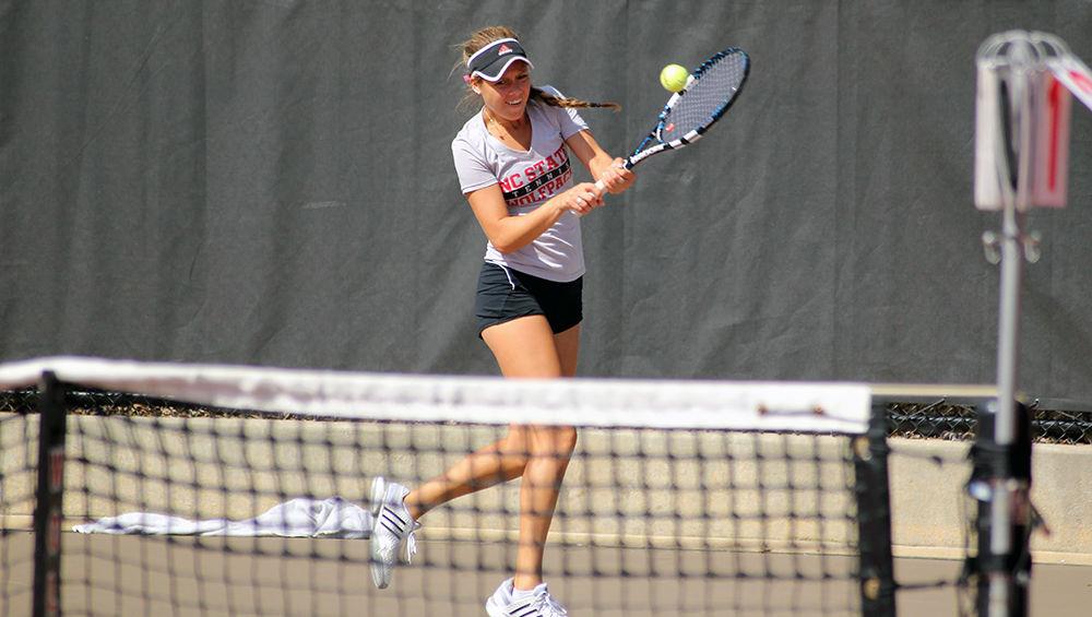Freshman Amanda Rebol returns service at the Wolfpack Invitational on Sept. 13, 2015. The three-day event featured NC State, Georgia State, Mississippi State and Virginia Tech.