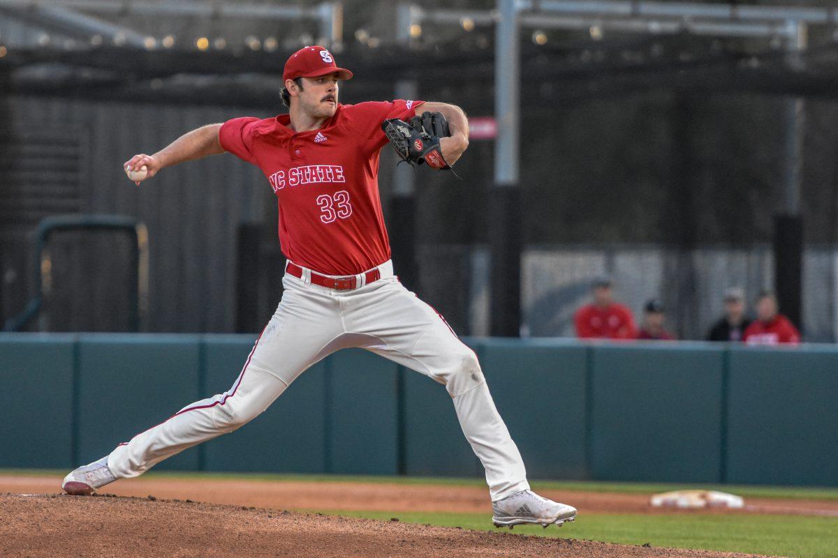 Graduate student pitcher Johnny Piedmonte hurls the ball toward the Georgia Tech batter during the double-header game on Friday in Doak Field at Dail Park. During the second game vs. the Yellow Jackets, Piedmonte pitched six shut-out innings leading to the 5-2 win for the Wolfpack.